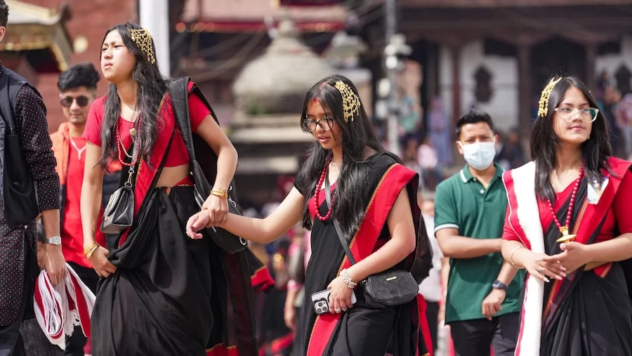 Modern Nepali girls in ethnic newari wear